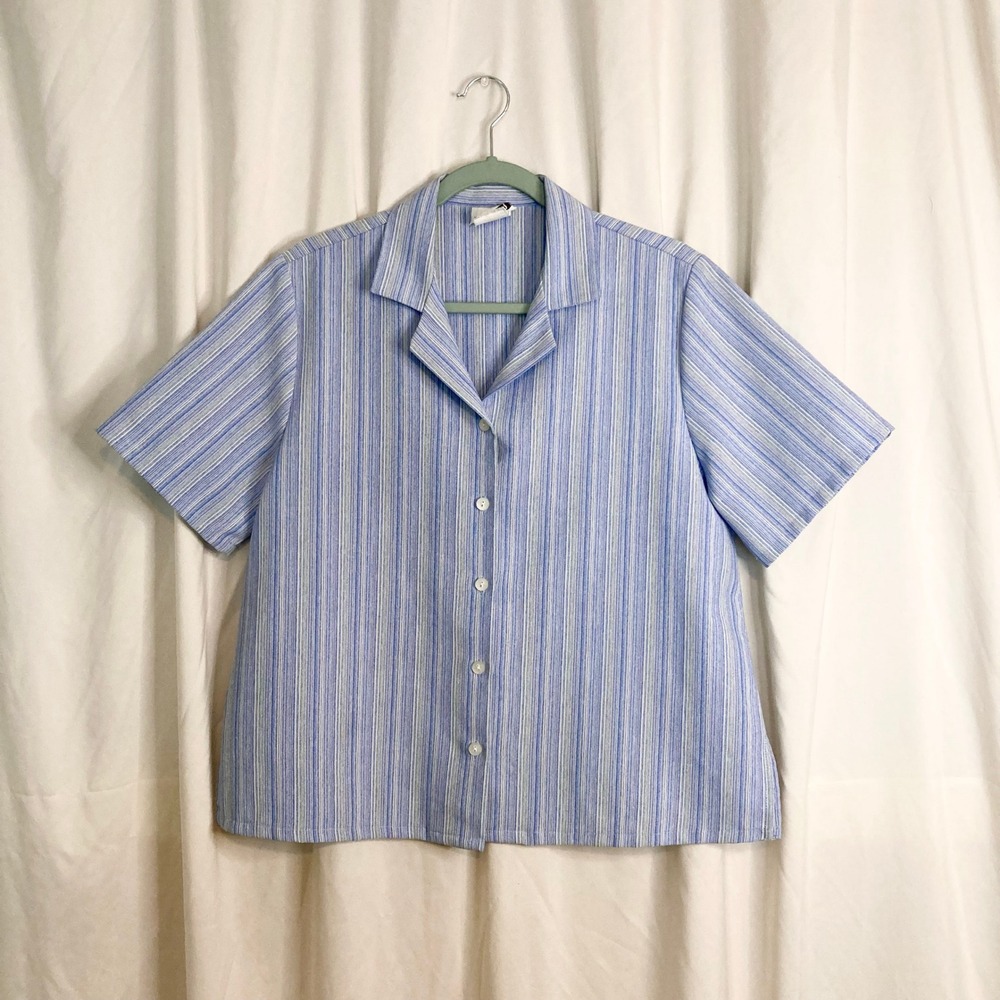 VTG 90s Blue White Textured Striped Short Sleeve Button Down Shirt BonWorth S M